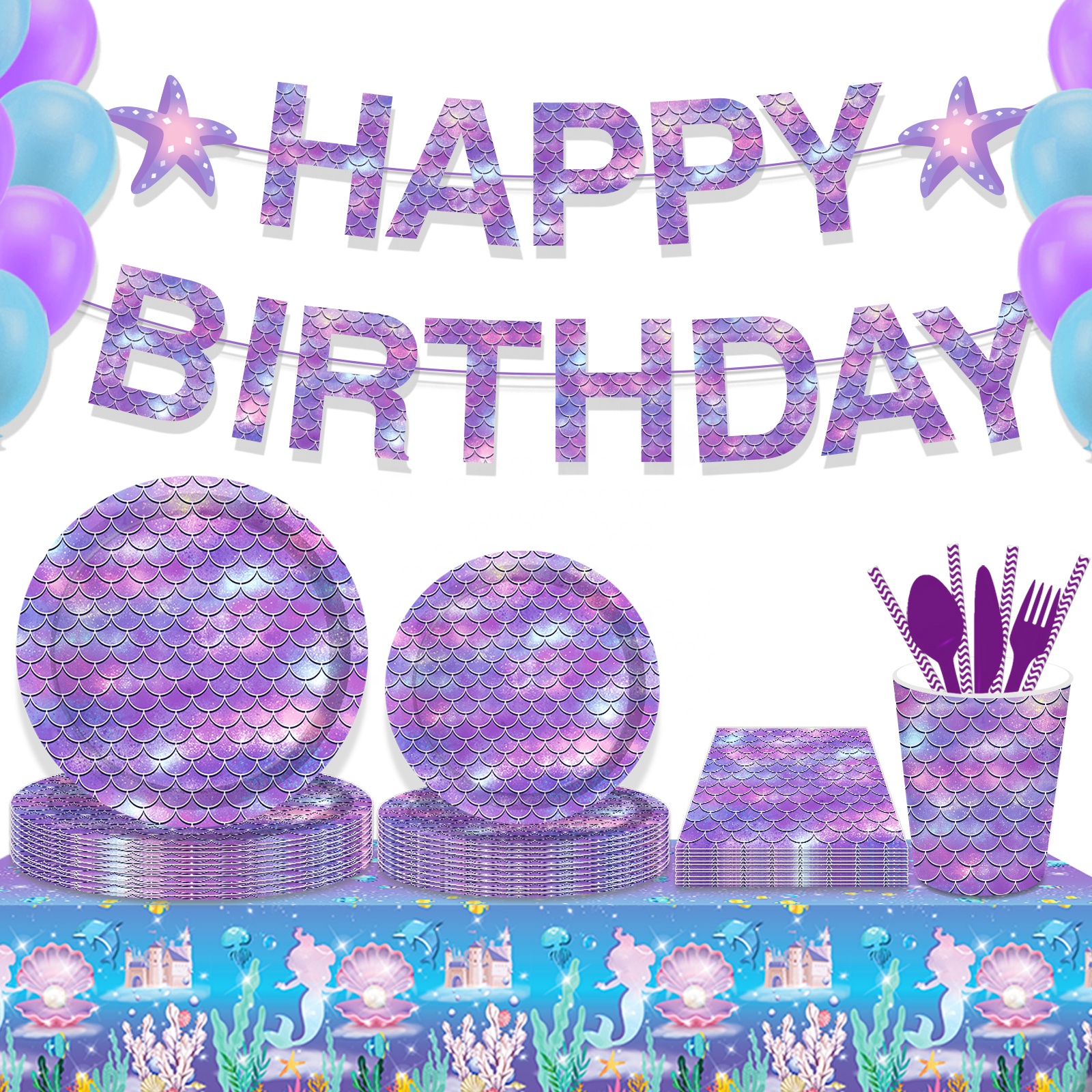 MM137 Happy Birthday Party Decoration Mermaid Tableware Party Set Supplies for 8 People Paper Material Customized