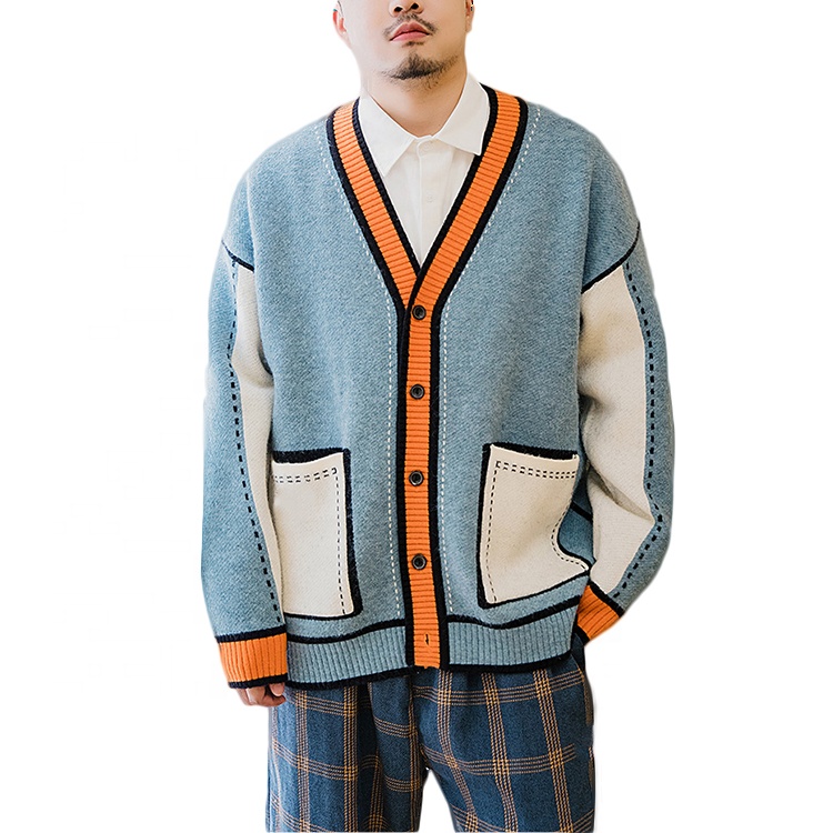 Finch Garment Custom Fashion Color Block Long Sleeve Knit Cardigan Men Sweater
