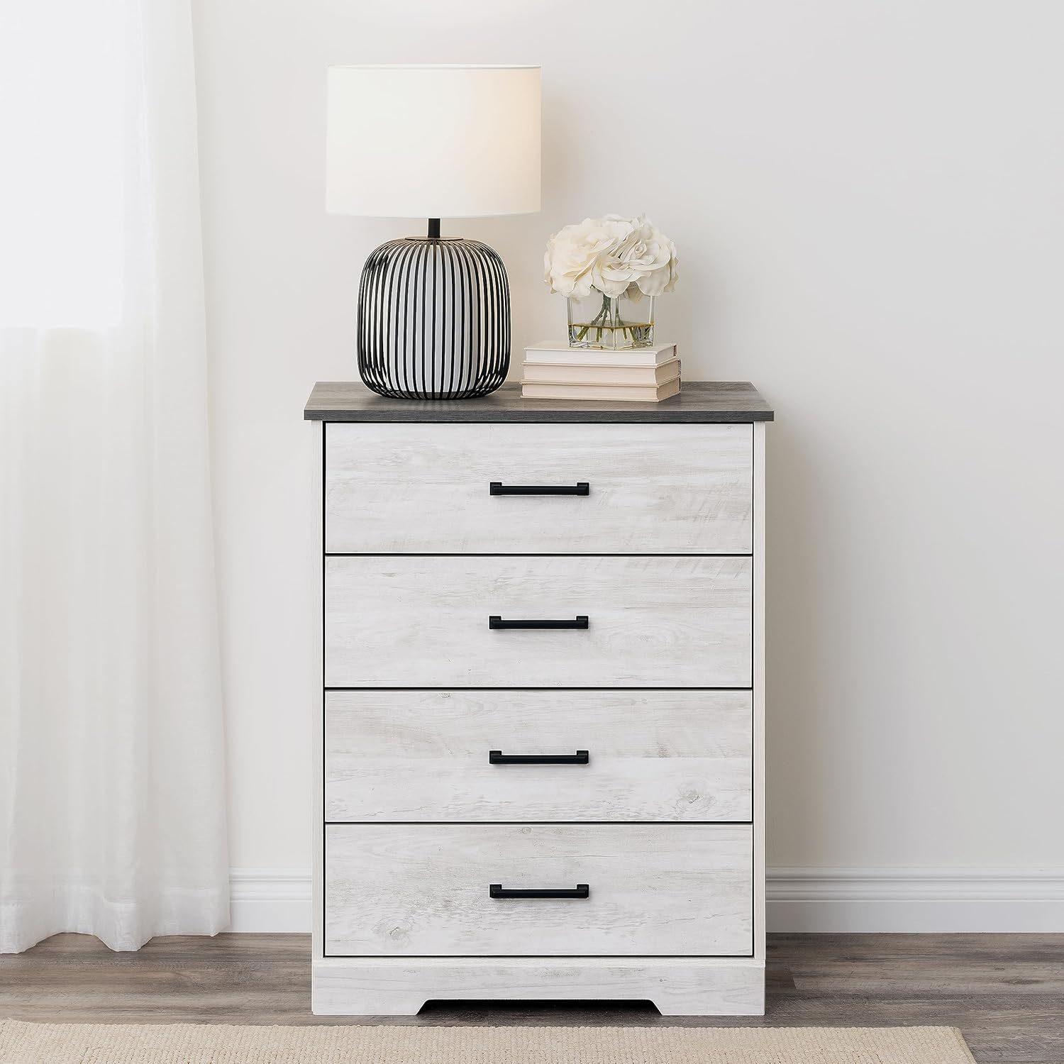 56 Prepac Rustic Ridge Farmhouse Chest, Wooden Bedroom Dresser With 4 Storage Drawers, 18.25in X 27.5in X 35.5in, Washed White