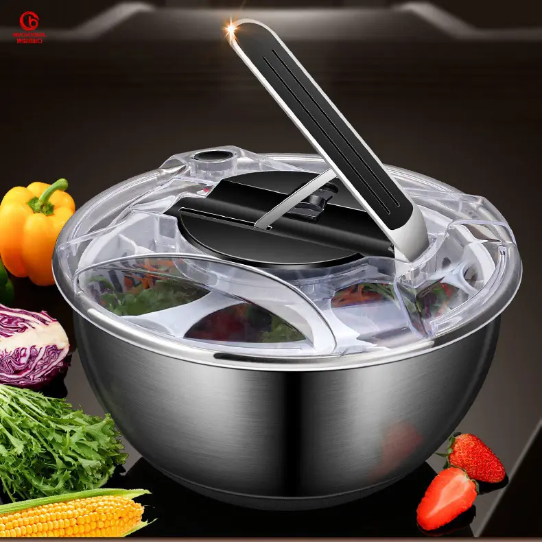 Manual 304 Stainless Steel Pum Bowl Colander Vegetable Washer Dryer Drainer Strainer Salad Spinner