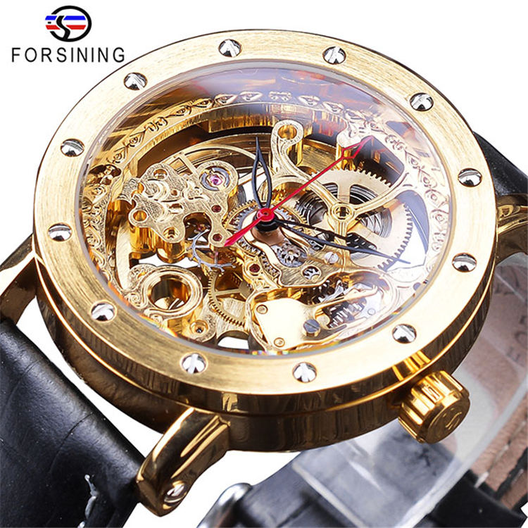 FORSINING GMT1181 модные роскошные золотые часы черный кожаный ремешок открытые рабочие часы Мужские автоматические часы