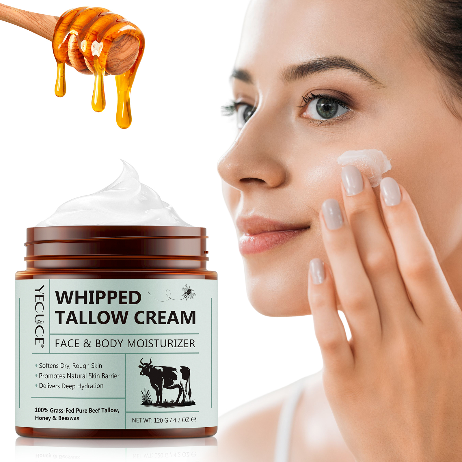 YECUCE Wholesale 120g Beef Tallow Honey Cream 100% Organic Face Body Moisturizer Lotion Whipped Tallow Balm for Skin Care