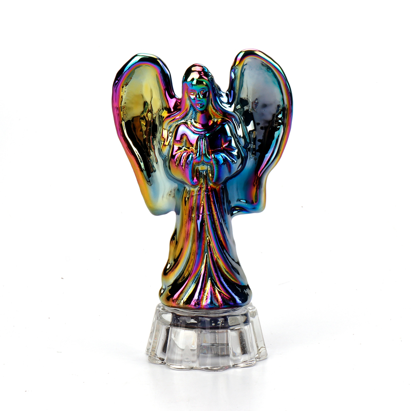 Carved Aura Rainbow Clear White Color Crystal Glass Guarding Angel Figurine With LED Light