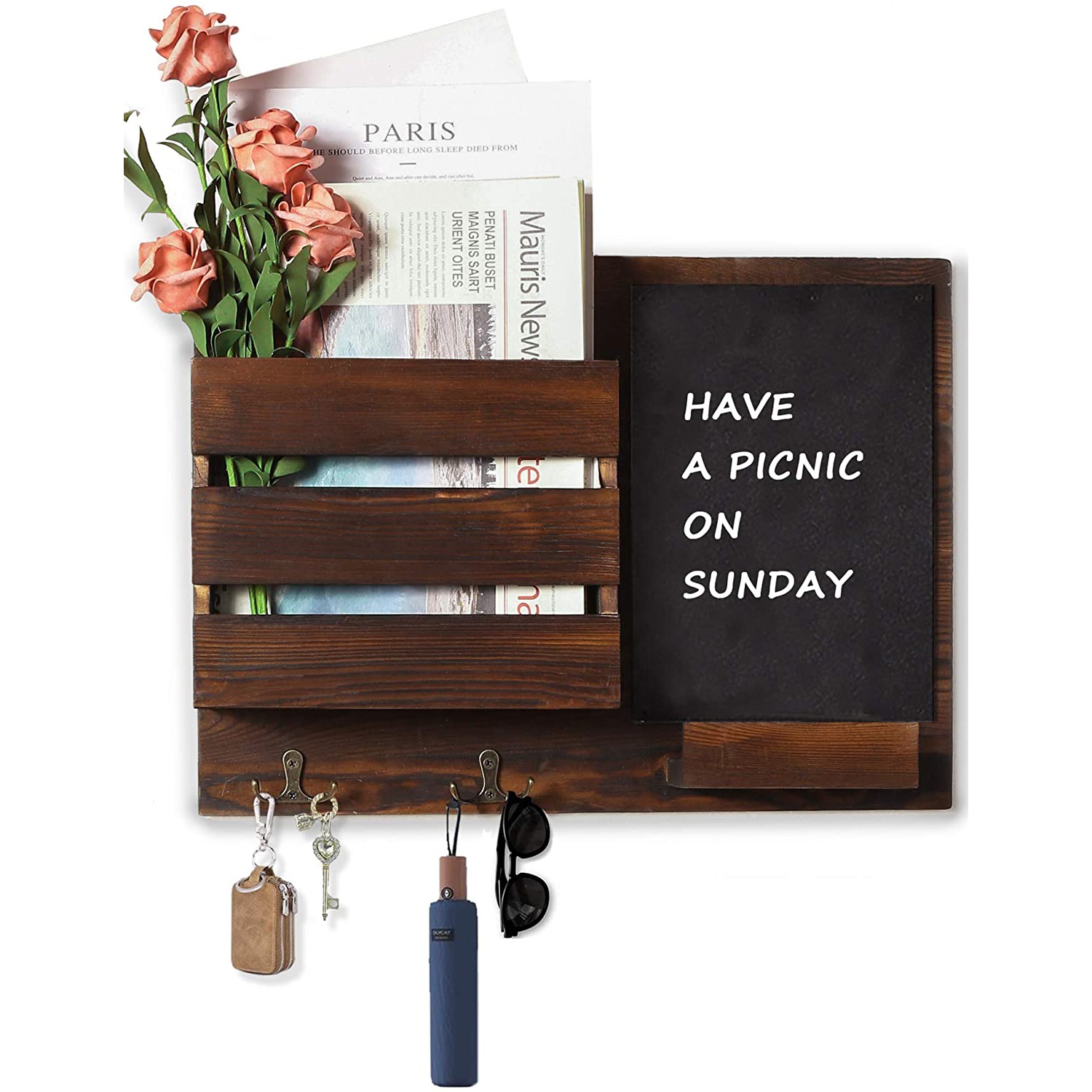 Mail Sorter Organizer Rustic Wall Mount Key Holder with Chalkboard & 4 Key Hooks,Magazine Organizer (Burnt Wood)