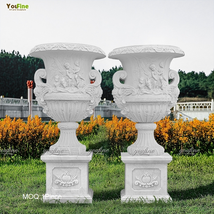 Large Outdoor Garden Decor Hand Carved White Marble Flower Vase Natural Stone Planter Pot Marble Urns