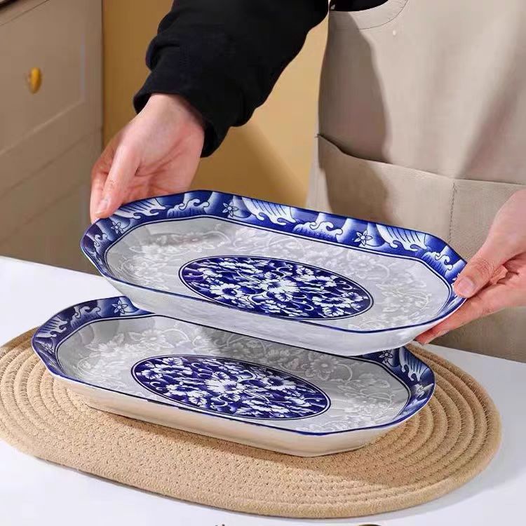 National Style Household 12.5-inch Blue And White Ceramic Fish Dish, Large Personalized Steamed Fish Dish, Creative Meat Dish