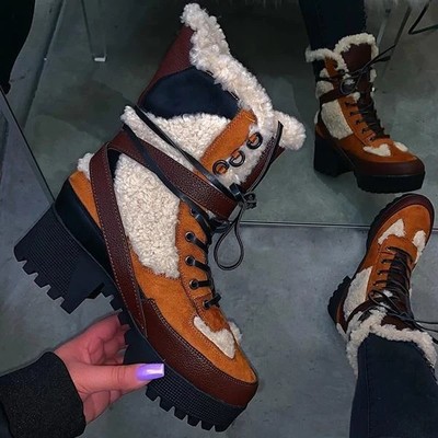 Foreign trade new European and American round head women's boots thick heel fleece thick snow boots plus size women's shoes