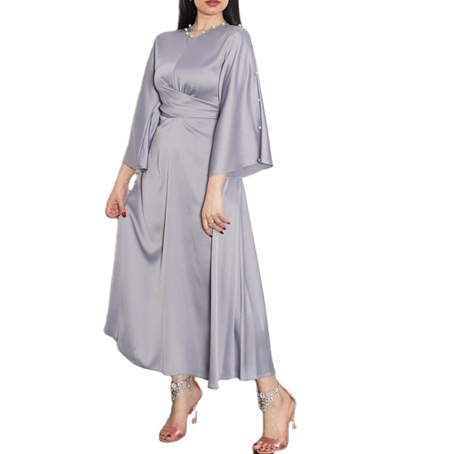 KD0823 Ramadan Middle East Woman Dubai High Quality Satin Lotus Sleeve Maxi Dress Pearl Caftan Muslim Abaya with Free Belt