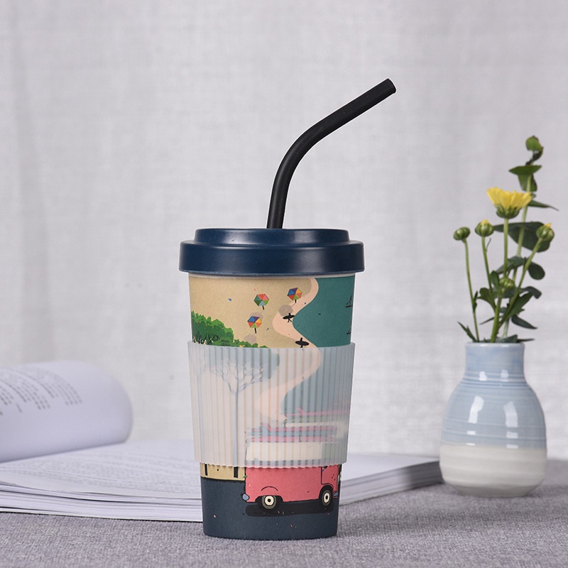 Hot sale bamboo fiber graffiti beverage cup cartoon multicolor coffee cup with straw