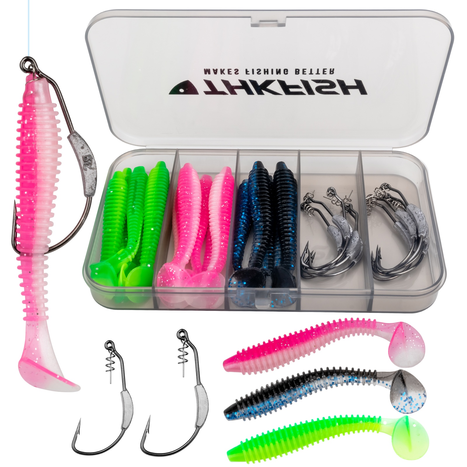 Thkfish 25pcs lot boxed T tail fishing lures and swimbait lead ice fishing hooks