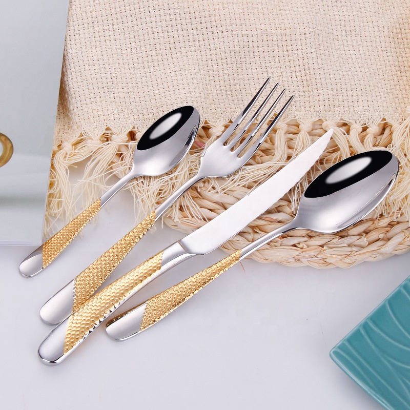 wholesale 24k gold plated 4pcs stainless steel cutlery flatware spoon fork knife with gold plated