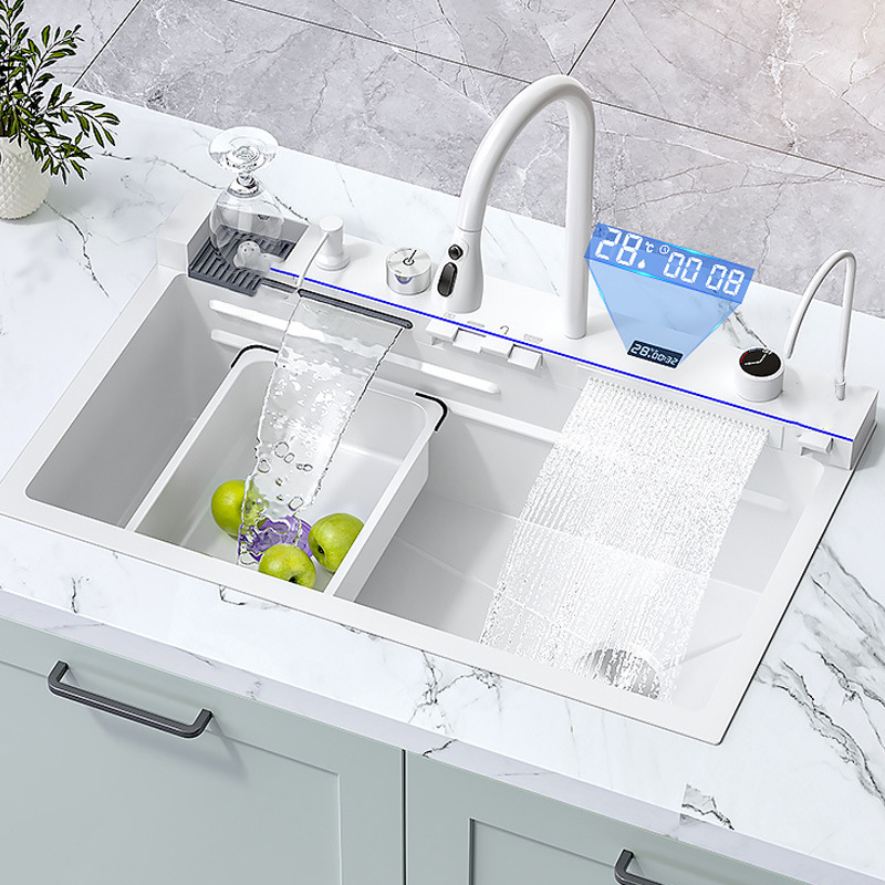 Multifunctional Large 304 Stainless Steel Handmade Undermount Farmhouse Sink Waterfall Rainfall Single Bowl White Kitchen Sink