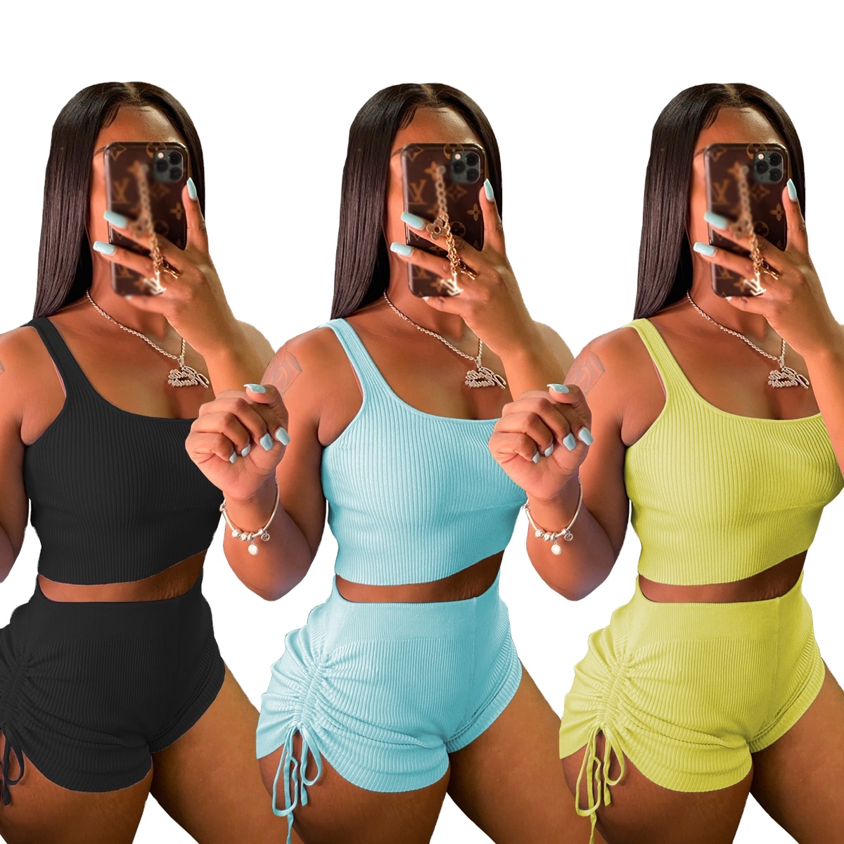 OEM Wholesale 2021 Summer Women Two Piece Solid Color Drawstring High Waist Tank Top And Biker Shorts Set