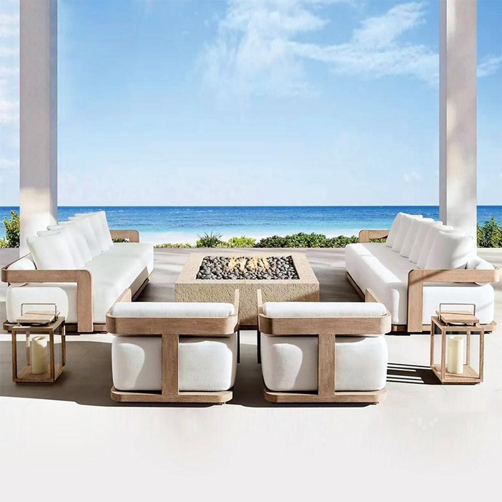 Contemporary Style Teak Garden Furniture Set With Fire Pit Comfortable Sofa Set Patio Furniture Outdoor Conversation Sets