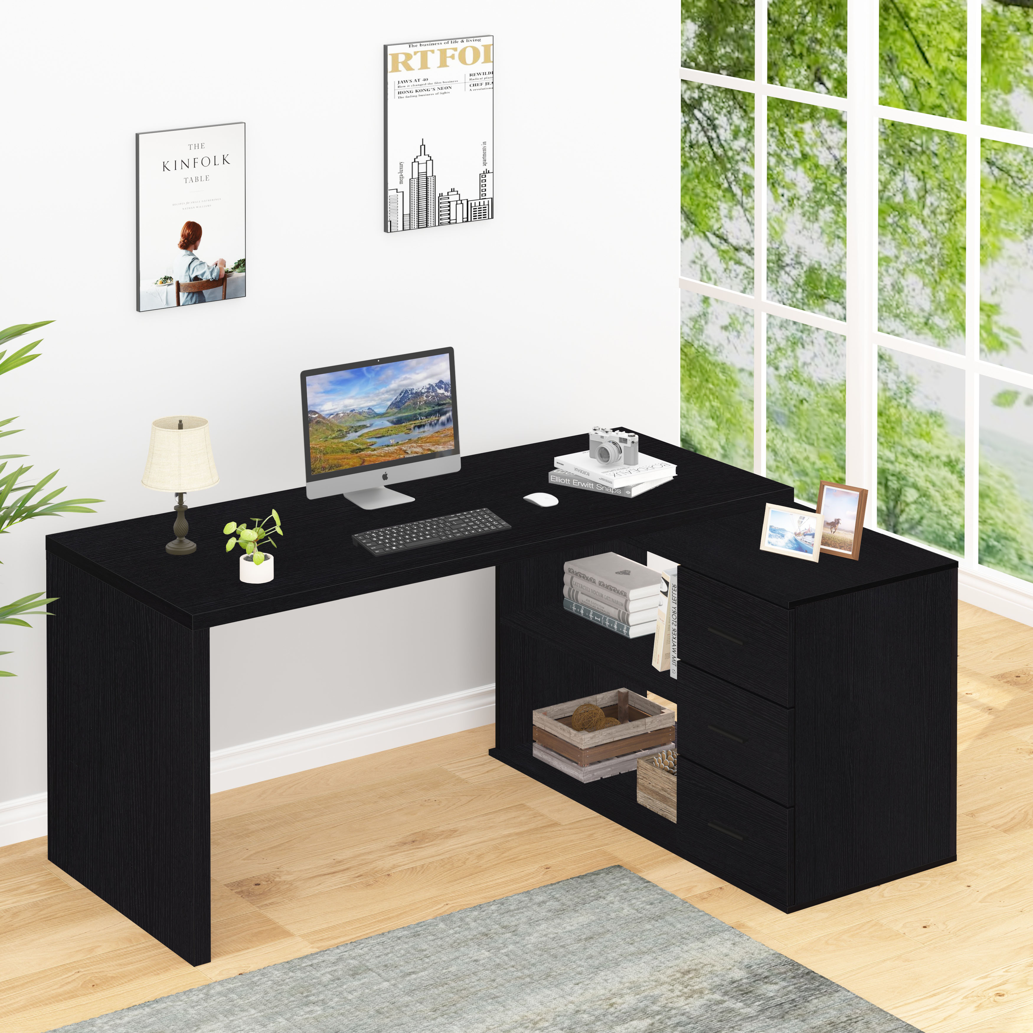 Modern Black Oak Computer Table Wood L Shape Desk PC Desk With Drawers