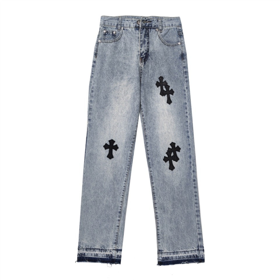 2021 High Street Chrome Stylish Washed Jeans Homme Loose Straight Hearts Pants Moto Trouser For Men