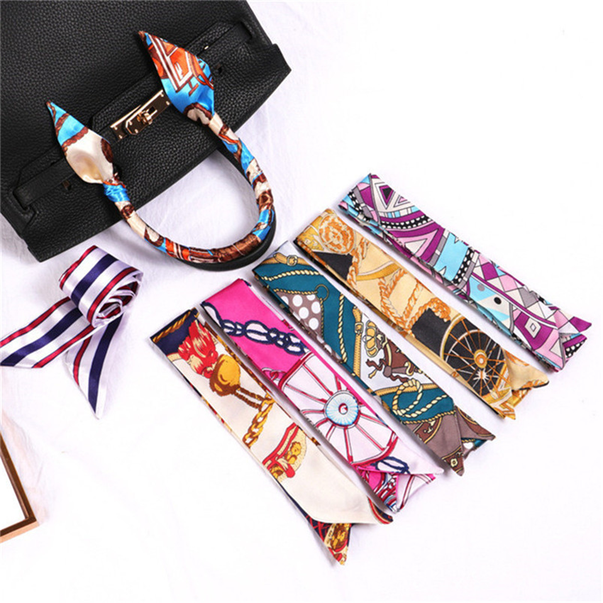 Twill Silk Scarf For Women New Luxury Brand Skinny Scarf Head Scarf Belt Pattern Long Handle Bag Ribbon
