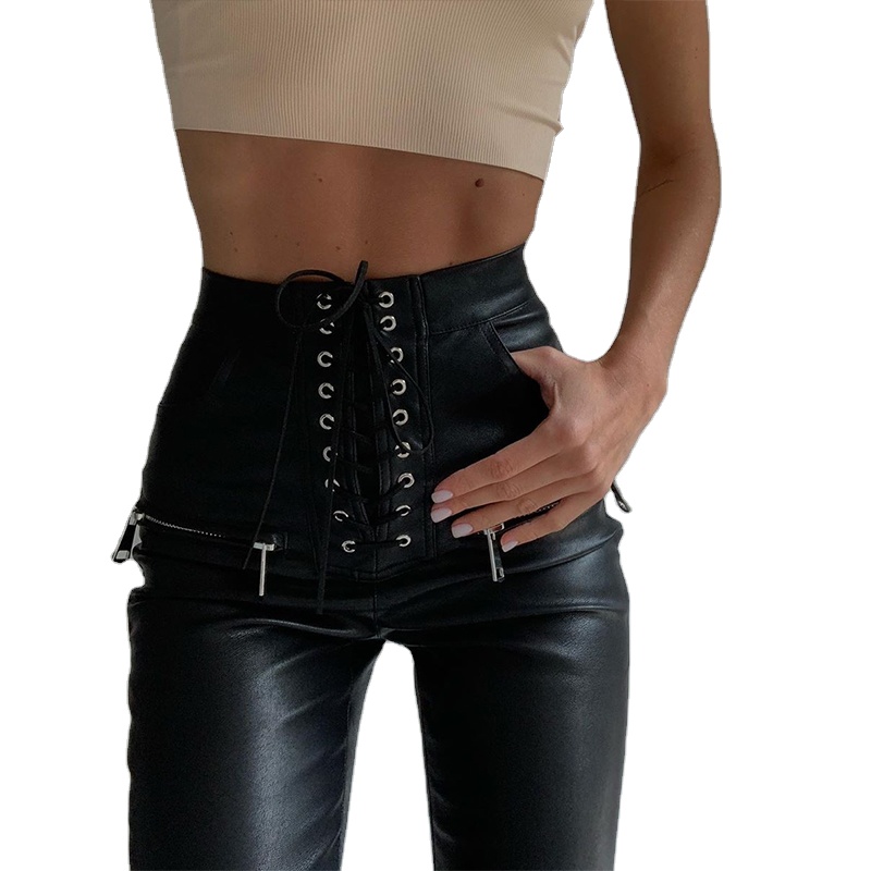 2021 Ladies New Women Faux Pu Leather Pencil Pants Lace Up High Waist Slim Skinny Streetwear Casual Trousers