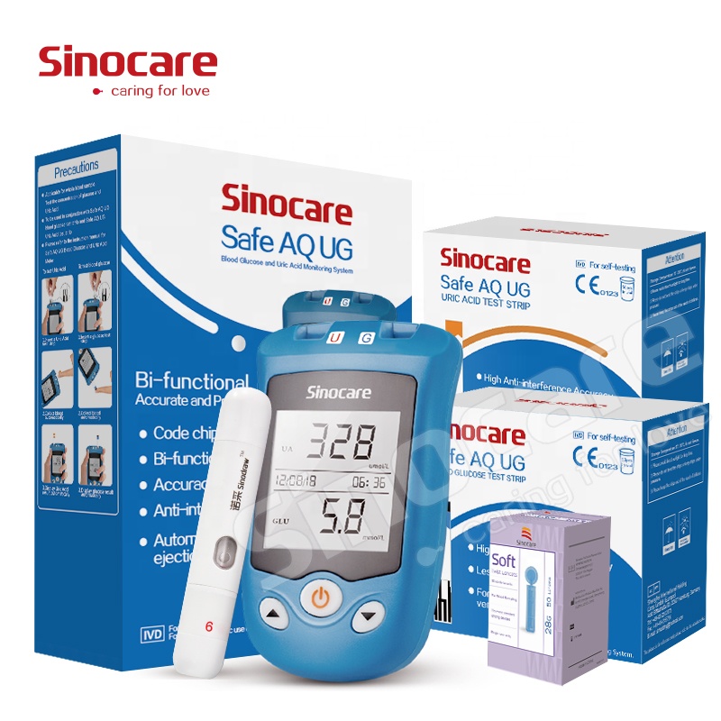 Sinocare Многофункциональный Безопасный монитор уровня сахара в крови AQ UG, монитор уровня сахара в крови и мочевой кислоты с 100 тест-полосками и ланцетами