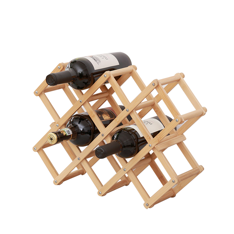 Hot Sale Folding Kitchen Bamboo 10 Bottle Wine Holder Wood Wine Storage Rack for Home