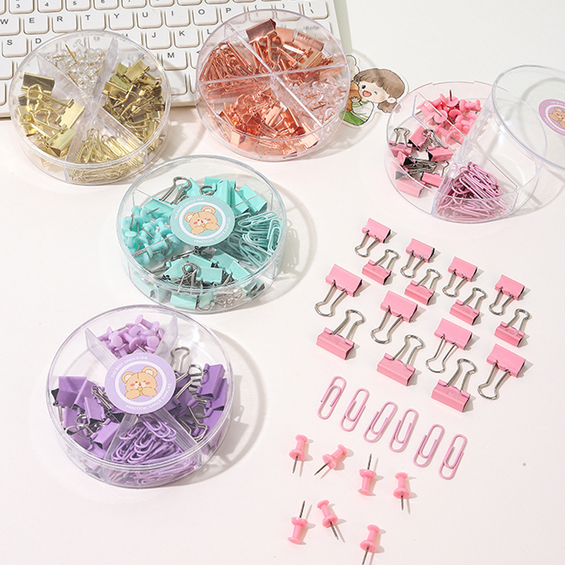 OEM Binder Clips & Paper Clamps Set Metal Fold Back Clip & Thumbtacks Multipurpose Office School Home Supplies with Plastic Box