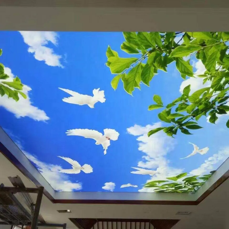 ZHIHAI waterproof decorative ceiling film tv background material 3d sky trees uv print pvc stretch ceiling film