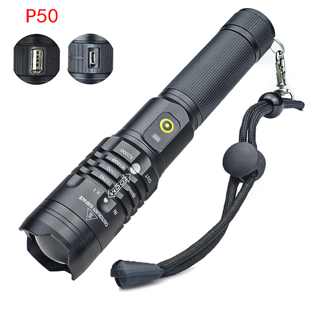 Светодиодный фонарик P50 высокой мощности с зарядкой от USB, масштабируемый алюминиевый тройной фонарик