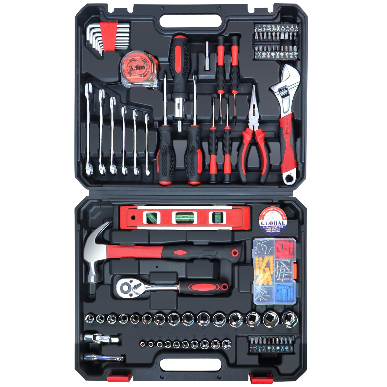 Professional Home Tool Kit Tool Set Red 146 Pieces Metric Household Hand Tools Auto Repair with Portable Toolbox for Homeowner