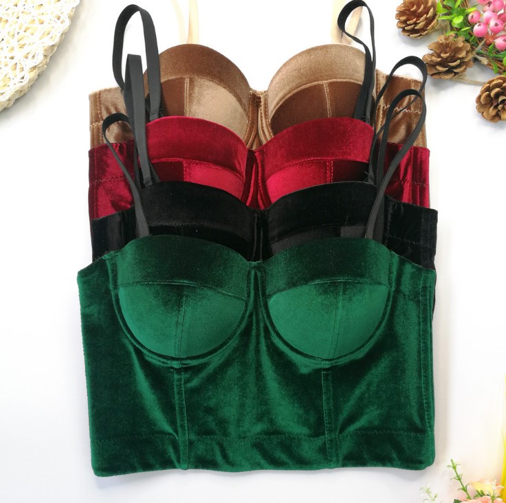 Real velvet suspenders fishbone corset solid color Korean velvet undergirdle body-shaping vest short style all-match strapless