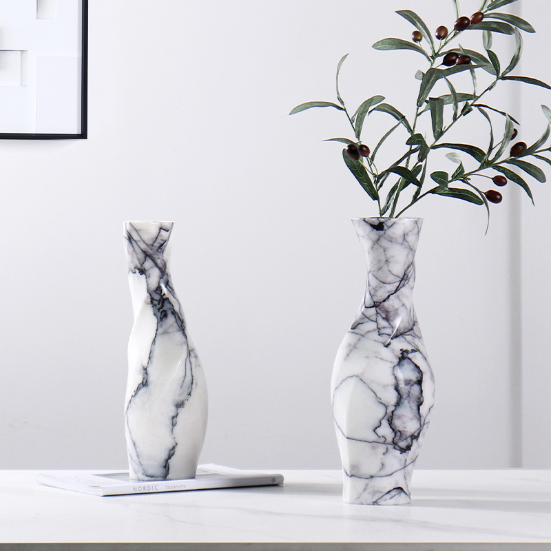 HZX Nordic Style Luxury Stone Marble Decorative Vase Sets Black Marble Vase Flowers Vase For Home Decoration