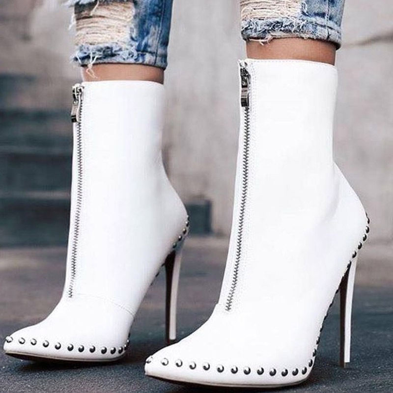 2021 New Autumn Zip Women Ankle Boots Rivet High Heels Pointed Toe Shoes Women Sexy Punk Motorcycle Knight Boots For Females 42
