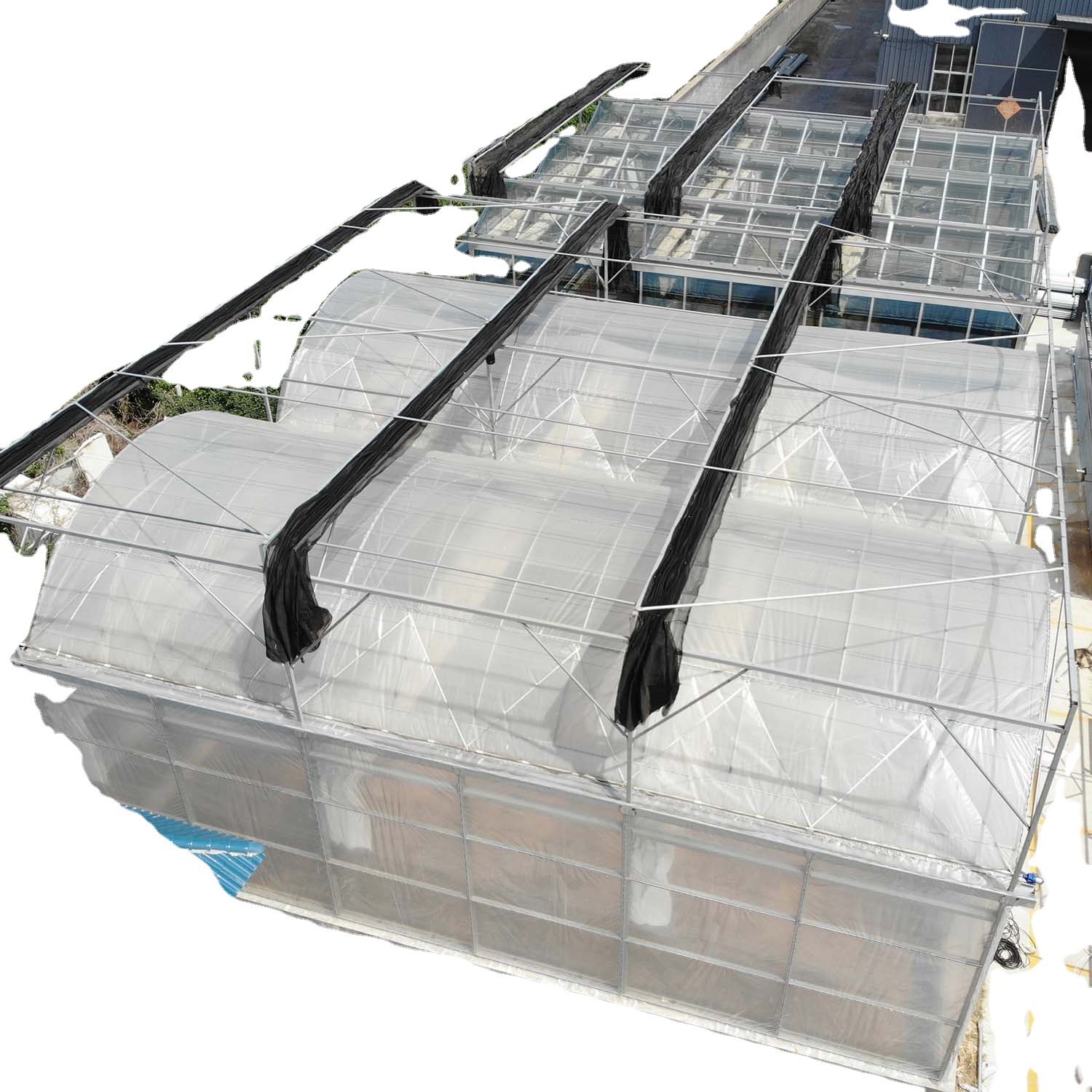 Multi span passive solar greenhouse film fastening plastic greenhouses