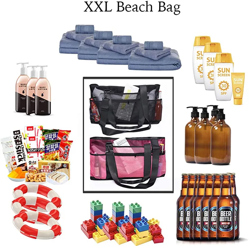 Custom Functional Beach Pool Outdoor Travel Gym Foldable Large Lightweight beach Tote Bags 2022 mesh beach bag
