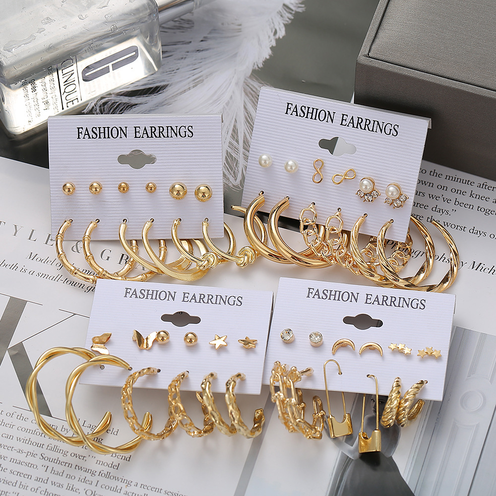 Punk Cuban Chain Star Circle Earrings Fashion Metal Pin Moon Butterfly Earring Set