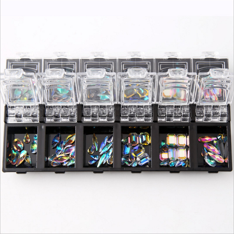 12 Slot Box Shiny 3D Nail Crystal Diamond Gemstone Grass Sequin Glitter Art Decorations Crystal AB Big Nail Rhinestones