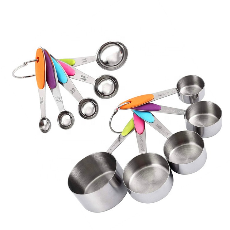 Silicon Handle Stainless Steel Kitchen Measuring Tool for Liquid and Dry Ingredients 10pcs Measuring Spoons and Cups Set