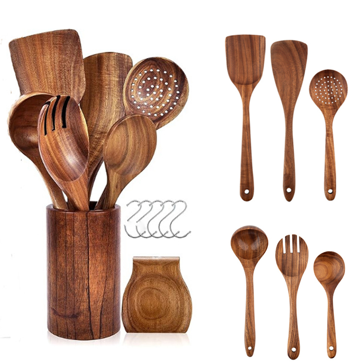 Natural Teak Wood Kitchen Utensil Set with Spoon Rest Comfort Grip Wooden Cooking Spoons With Utensils Holder