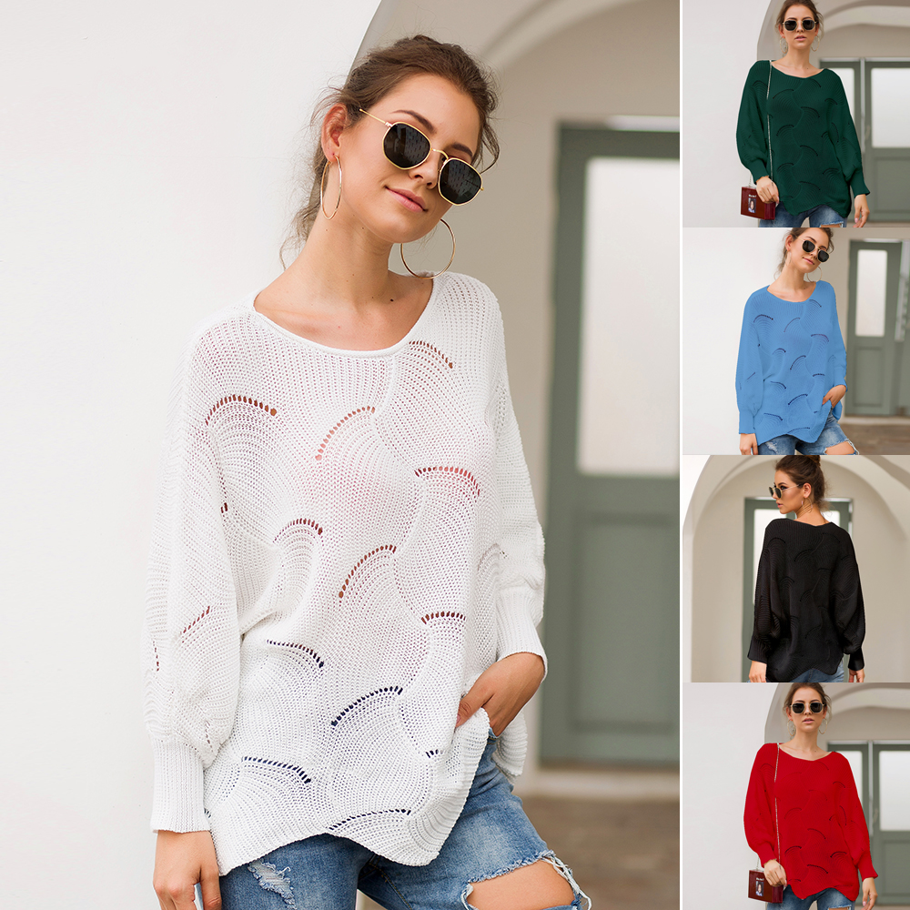 KSJ3091 2019 Autumn and winter fashion round neck loose asymmetrical long sleeve pullover sweater women