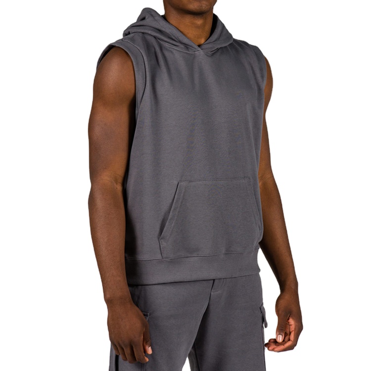 Metro Wholesale Men Sport Gym Wear Workout Organic Cotton Pullover Sleeveless Hoodie