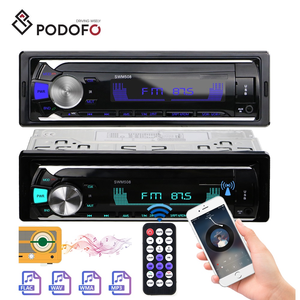 Podofo Автомагнитола 1 Din автомобильное радио BT Автомобильный MP3 плеер BT FM радио AUX USB TF RCA цветная подсветка