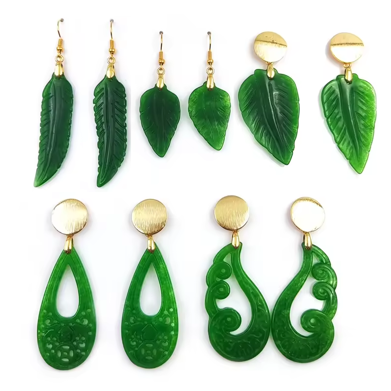 Natural Fashion Eardrop Engraved Jade Jewelry Retro Chinese Style Wholesale Women Gold Leaf Drop Green Jade Hook Earrings Studs