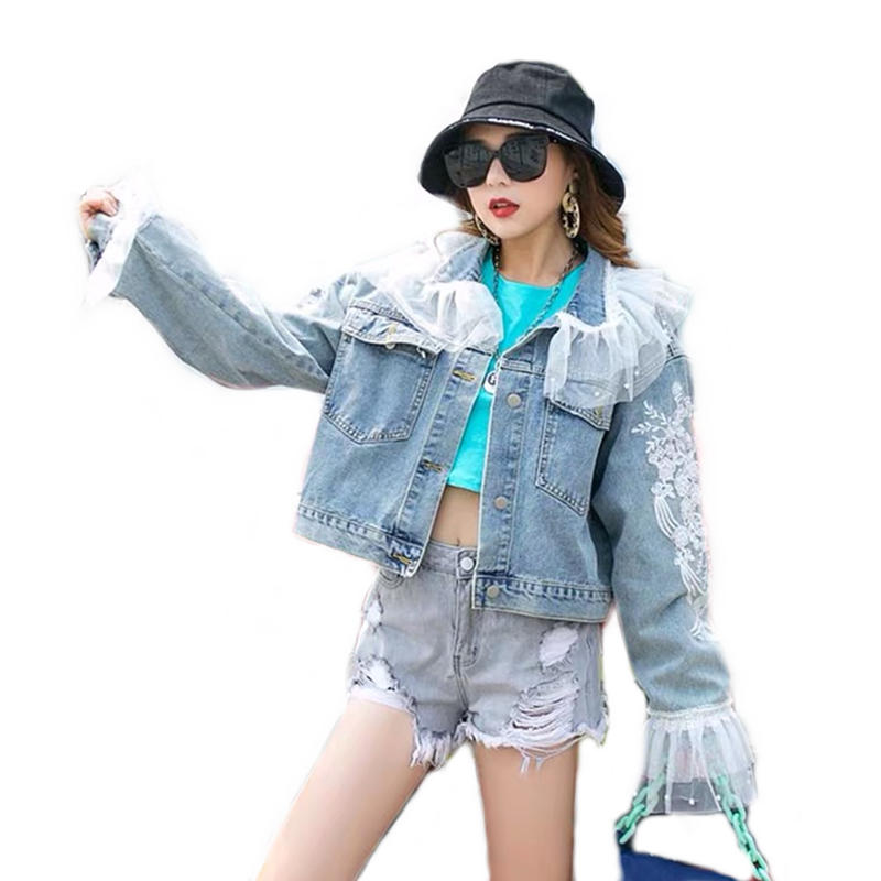 2021 Guangzhou Blue Jean Jackets Women Oversized Heavy Industry Lace Embroidery Super Fairy Net Red Loose Short Denim Jacket