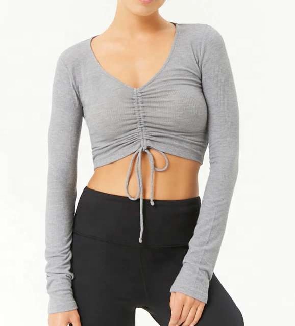 Custom French design of solid color high-waisted v-neck drawstring short navel revealing T-shirt women crop-top