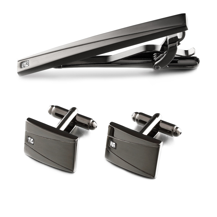 Brand New Black Tie Clip Set Sublimation Initial Gift Stainless Steel Stone Cufflink For Wedding