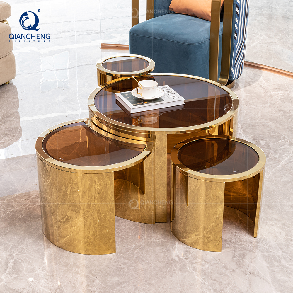 OEM tea table in titanium furniture living room decor luxury round glass coffee table with 8k gold plated stainless steel rose