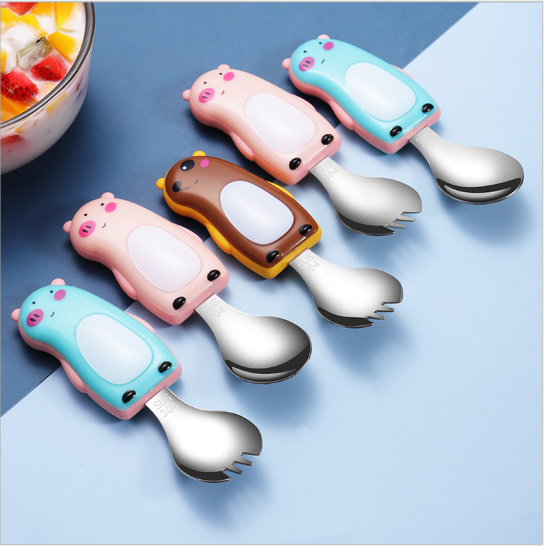 wholesale set 304 stainless steel children's forks and spoons cute cartoon piggy bear silicone +PP handle