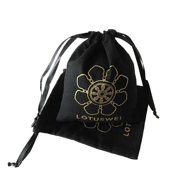 Custom logo printed small black organic cotton drawstring bag for baby skin care