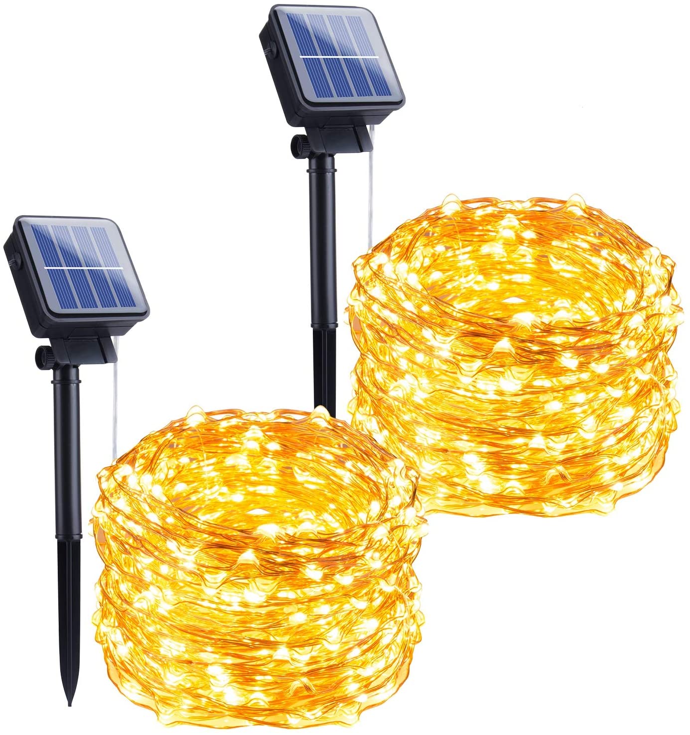 2 Pack 33Feet 100 Led Solar Powered Fairy Lights 8 Lighting Modes Waterproof Decoration Copper Outdoor Solar String Lights