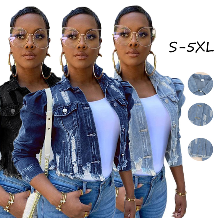 Wholesale Fashion Puff Sleeve Ladies Denim Jacket Women Coat Casual Ripped Holes Womens Jean plus size jackets