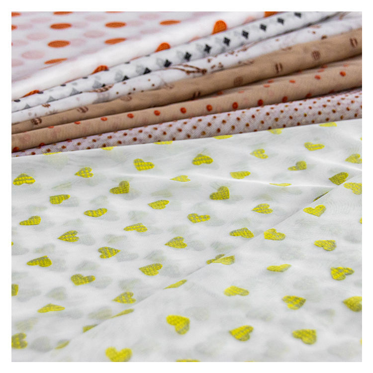 Heart Shaped Pattern Customized Color Flocked And Position Printed Mesh Flocking Fabric For Lady Garment